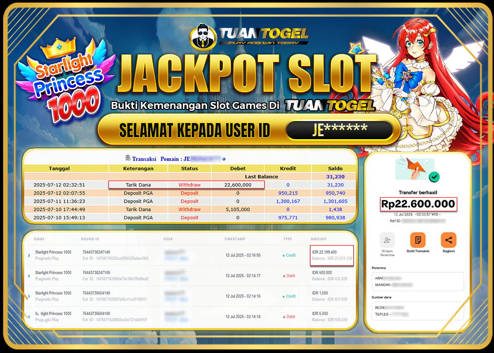 TUANTOGEL JACKPOT SLOT STARLIGHT PRINCESS 1000 Rp22.600.000
